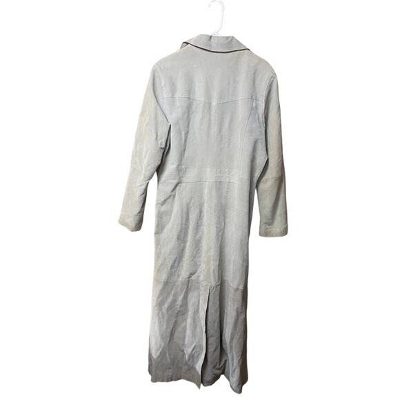 VTG Maxima Wilsons Green Tan Leather Long Trench Coat 90s Women's size Medium - Picture 2 of 9